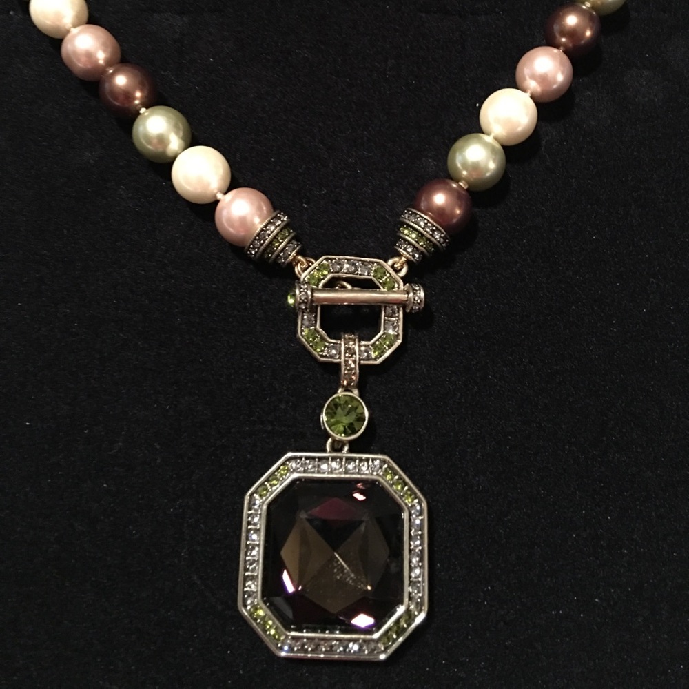 Heidi Daus Faux Pearls Brown stone Drop Necklace